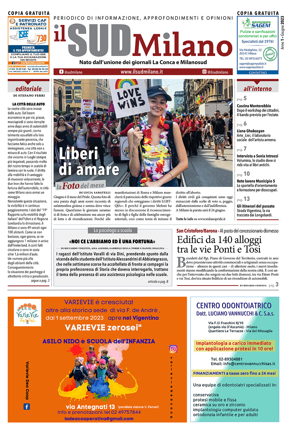 Prima pagina del giornale il SUD Milano di giugno 2023
