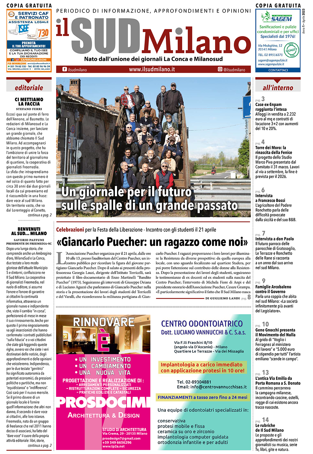 Prima pagina del giornale il SUD Milano di aprile 2023