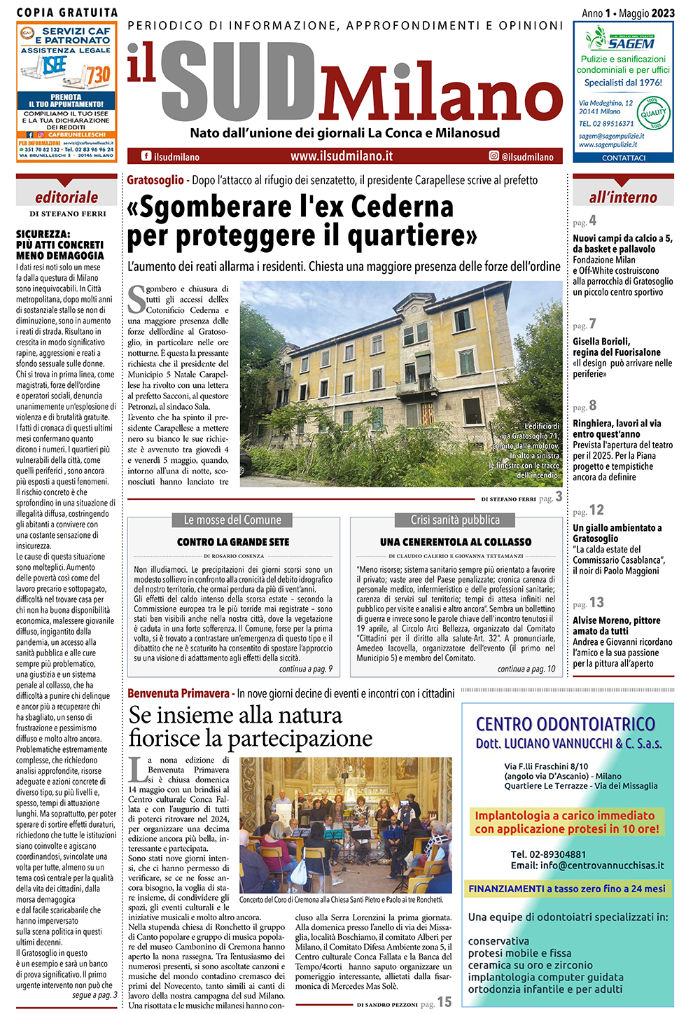 Prima pagina del giornale il SUD Milano di maggio 2023