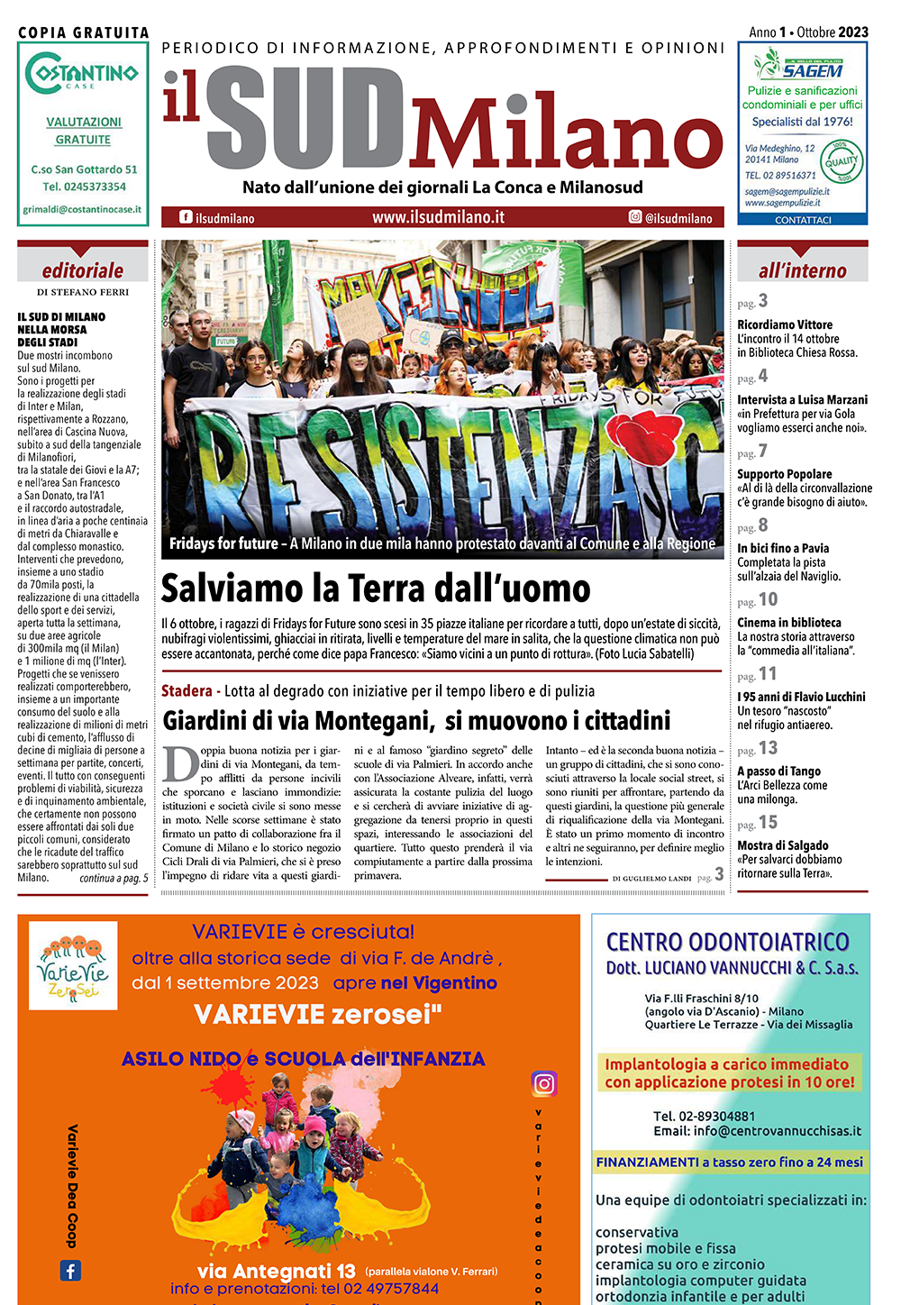 Prima pagina del giornale il SUD Milano di ottobre 2023