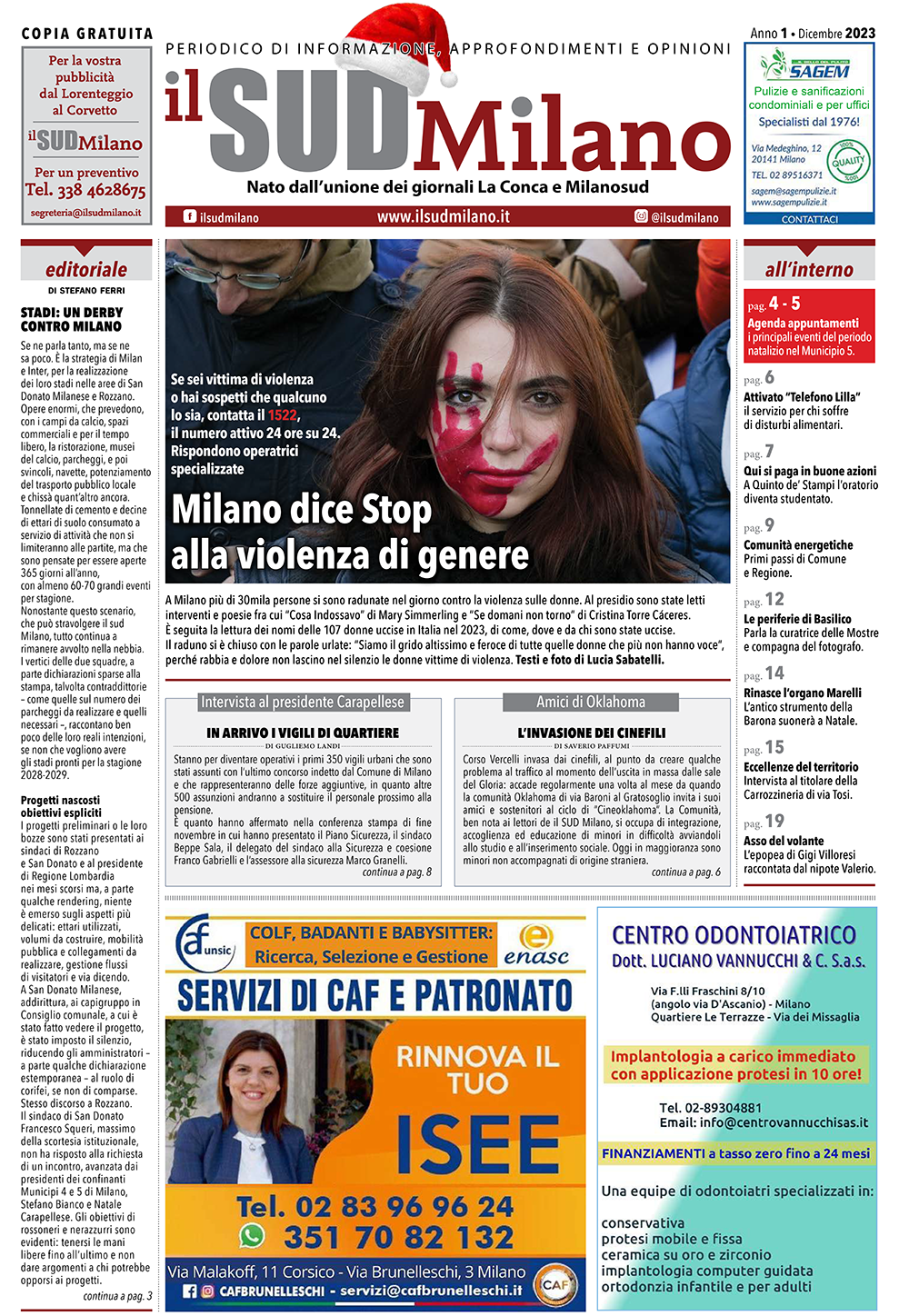 Prima pagina del giornale il SUD Milano di dicembre 2023