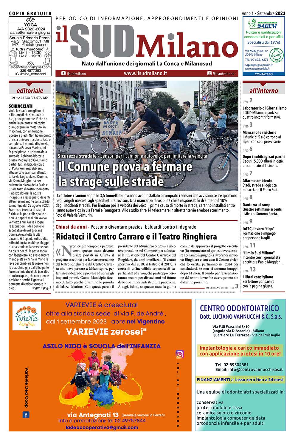 Prima pagina del giornale il SUD Milano di settembre 2023