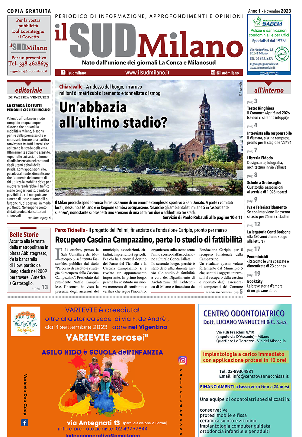 Prima pagina del giornale il SUD Milano di novembre 2023